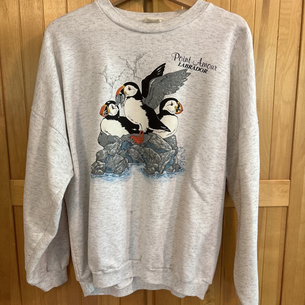 Vntg Point Amour Labrador Puffin Sweatshirt Daquin Made in Canada Grey Large